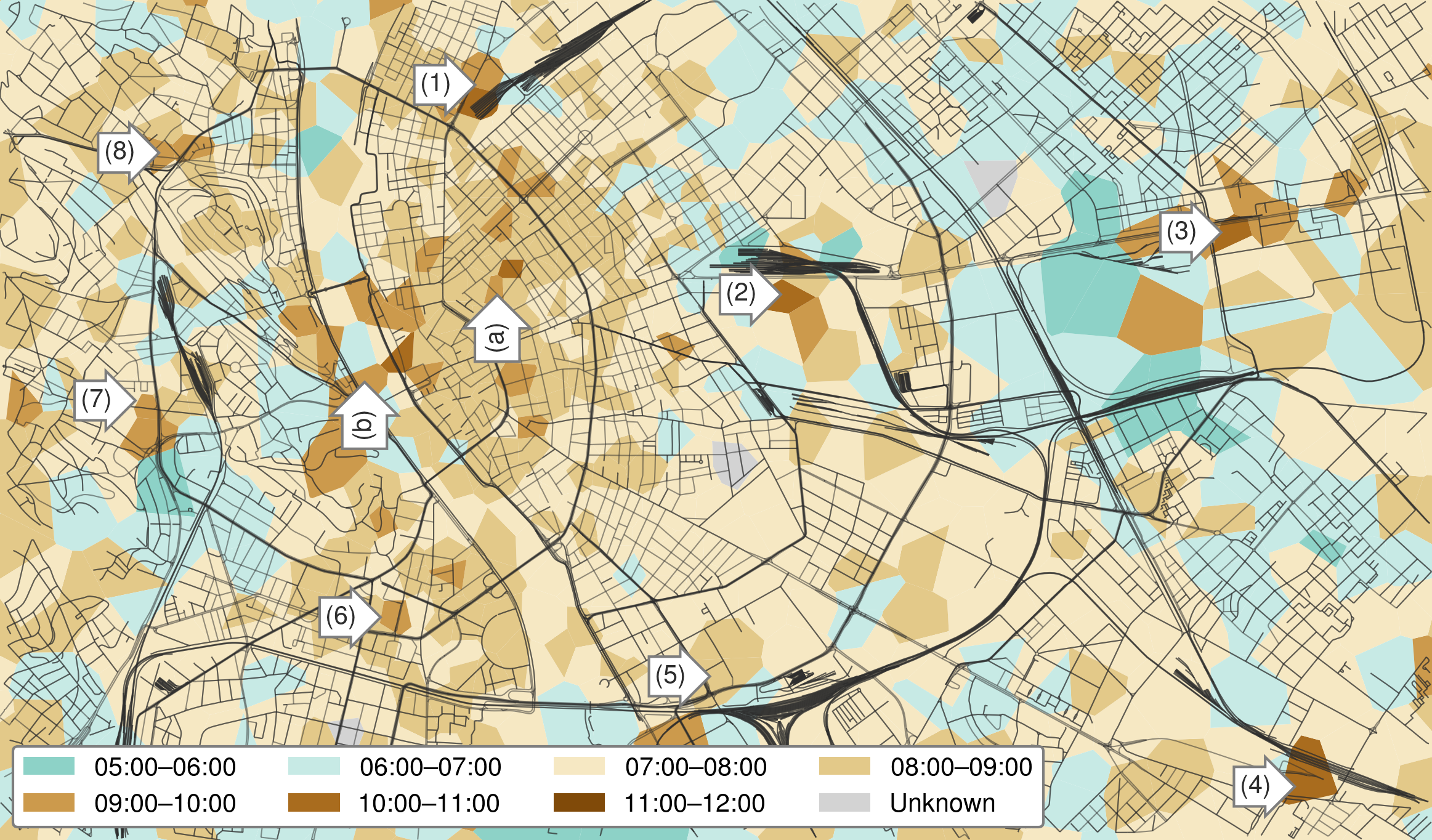 Spatial distribution of the cell-based wake-up times, malls (1-8) opens at 10:00.