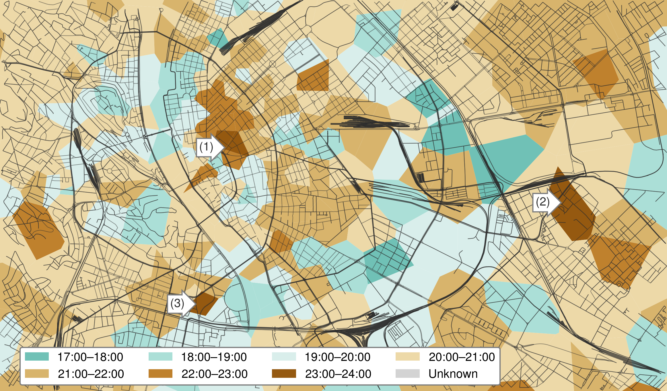 Spatial distribution of the cell-based bedtimes, aggregated to sites.