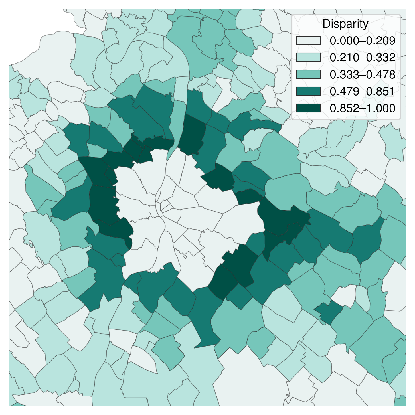 Disparity of out-commuting, based on census 2011. Partial replot of [143, Figure 3].