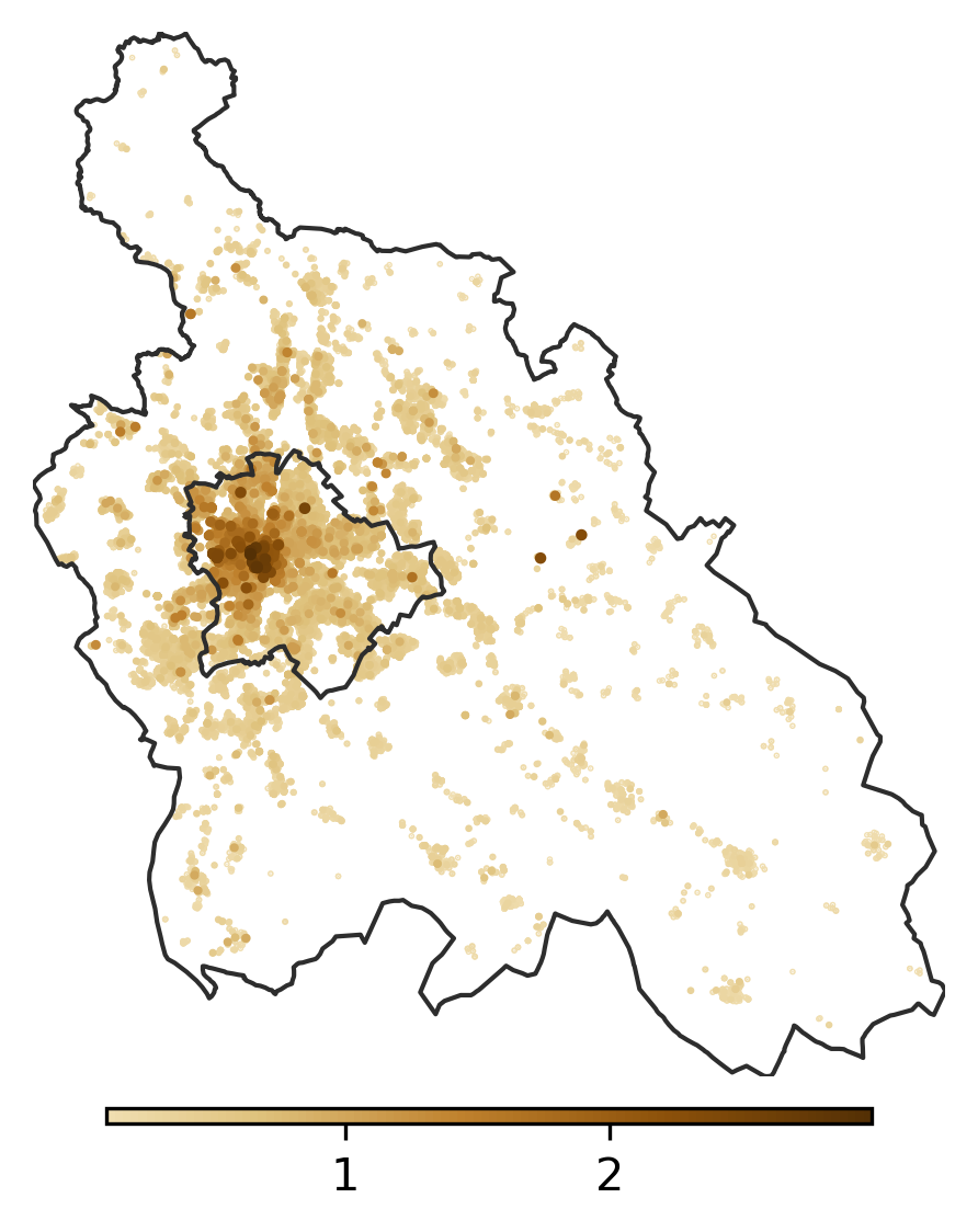 Spatial distribution of the normalized real estate prices (million Hungarian forint).
