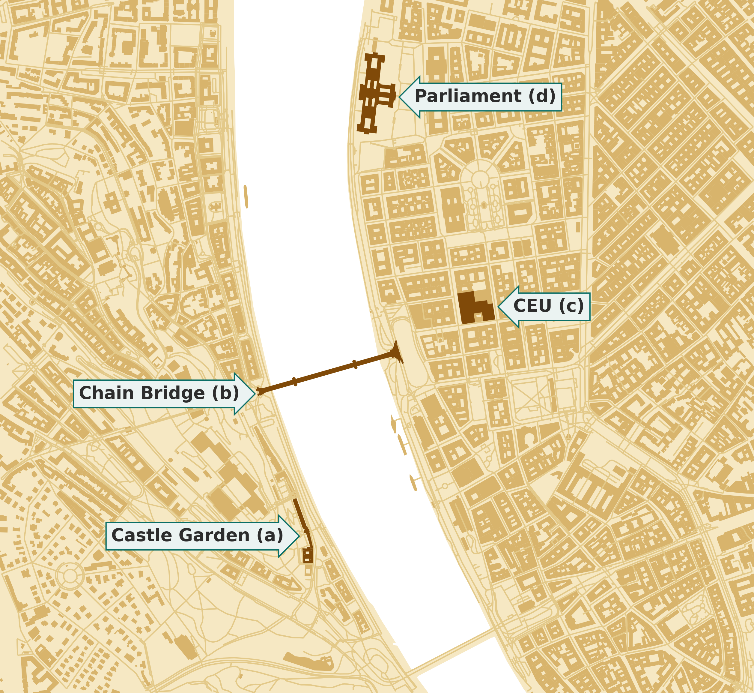 The main locations of the demonstration, that started at the Castle Garden and ended at the Parliament.