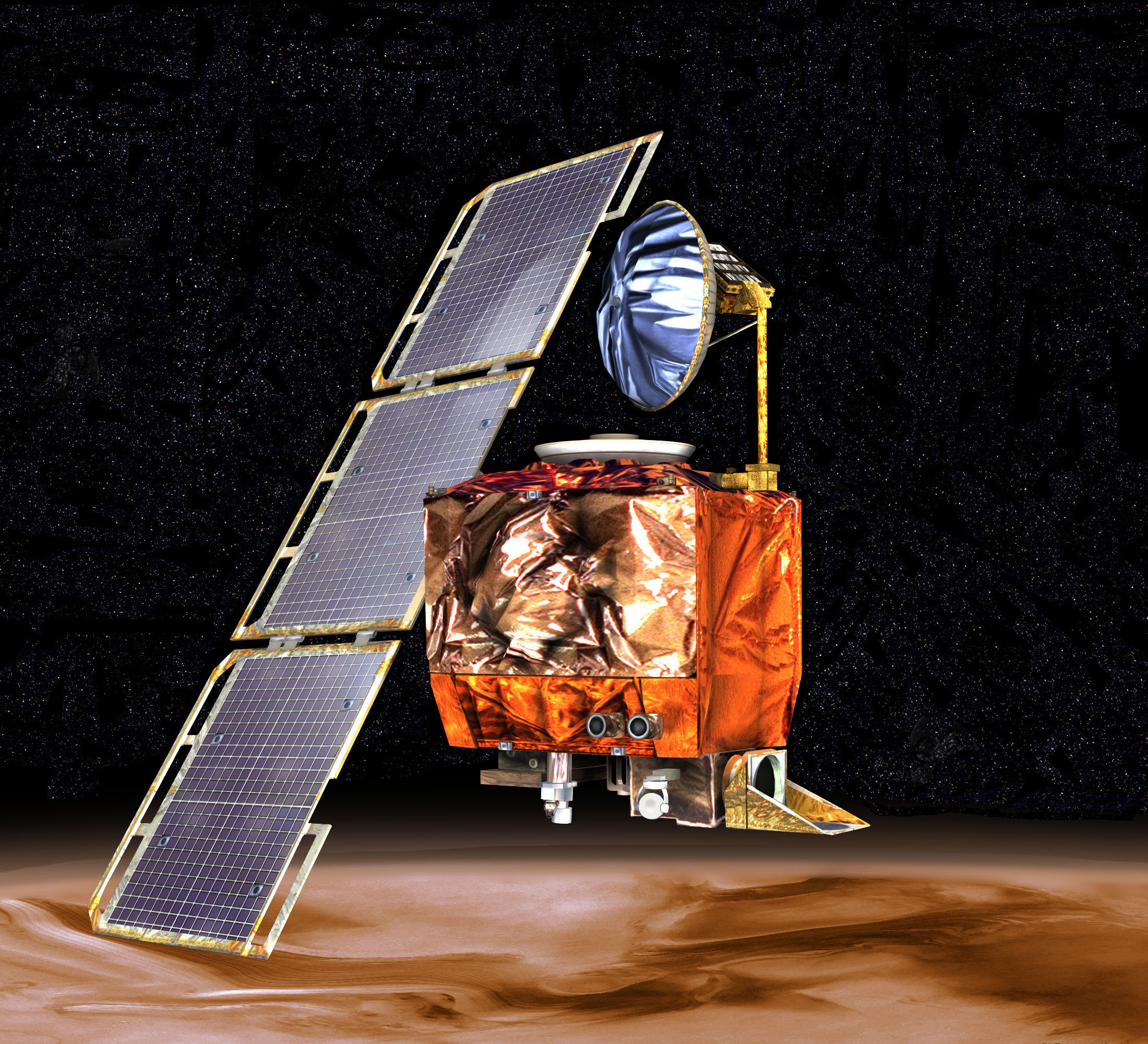 rendering of the Mars Climate Orbiter by NASA/JPL/Corby Waste via Wikipedia (Wikipedia contributors, 2024b)